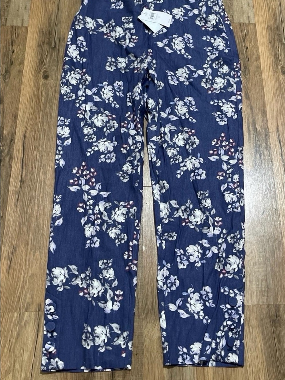 J Jill Linen Stretch Size Small Ankle Pants Button Hem Blue Floral Side Zip